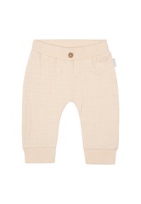 Hellbeige Baumwollhosen mit geripptem Bund, Knopfdetails und Seitentaschen, ausgestattet mit einem strukturierten, weichen Stoffdesign.