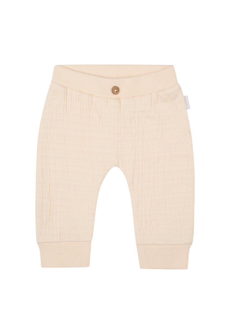 Hellbeige Baumwollhosen mit geripptem Bund, Knopfdetails und Seitentaschen, ausgestattet mit einem strukturierten, weichen Stoffdesign.