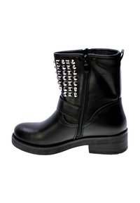 Stivale alla caviglia in pelle nera con zip laterale, design con borchie sul lato esterno, punta rotonda e tacco basso e spesso.