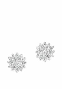 Silverfärgade örhängen designade i blomform, med många små klara kristaller i en klustrad mönstring.