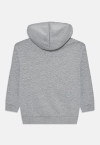 Sweatshirt à capuche grise avec des manches longues, fabriqué en tissu doux. Il présente une capuche arrondie et des poignets, un minimum de détails et un ourlet droit.