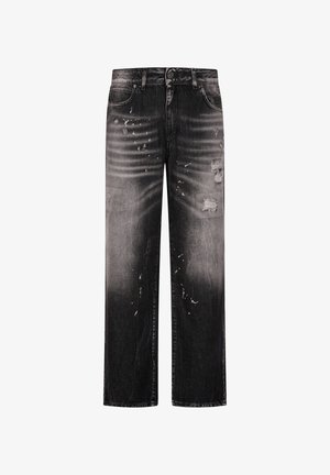 Černé džíny s rovnými nohavicemi, s opranými místy a opotřebovanými záplatami, zapínání na knoflíky a zip.