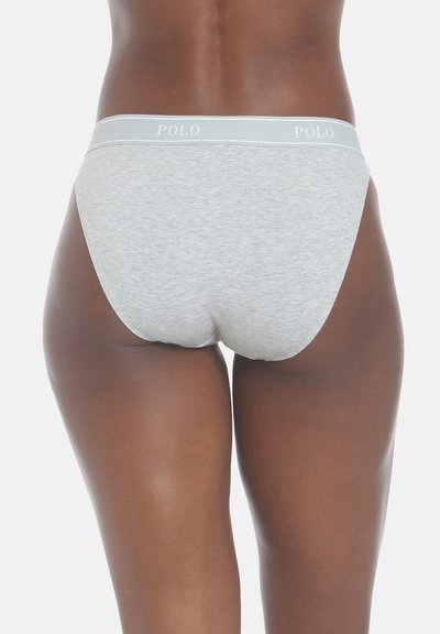 Gray cotton brief with a light blue waistband featuring "POLO" logo. Smooth texture, standard cut, suitable for daily wear.