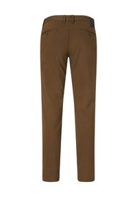 Brown trousers featuring a smooth texture, slim fit design, with two back pockets and a logo tag on the waistband.