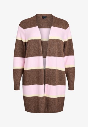 Long open-front cardigan featuring horizontal stripes in brown, pink, and yellow. Made from soft knit material with a relaxed fit.