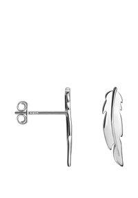 Silverörhängen med en fjäderdesign, slät yta och polerad finish, samt en dekorativ virvelbak.