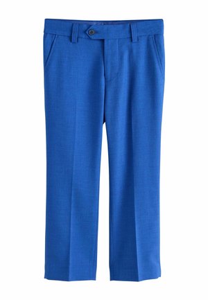 Pantalon de tailleur bleu vif avec poches avant, passants pour ceinture et une fermeture à bouton unique sur fond blanc.