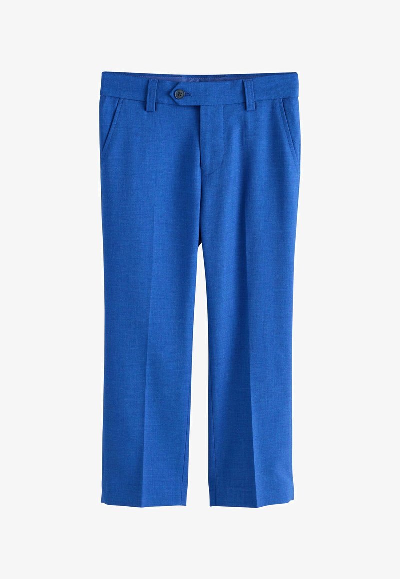 Pantalon de tailleur bleu vif avec poches avant, passants pour ceinture et une fermeture à bouton unique sur fond blanc.