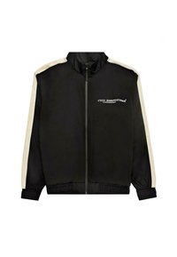 Czarna kurtka sportowa z kontrastującymi beżowymi panelami bocznymi, zamek błyskawiczny, wysoki kołnierz, elastyczne mankiety i ściągacz u dołu. Napis na przodzie.