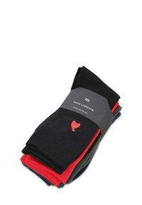 Pięć par bawełnianych skarpetek w różnych kolorach: czarnym, czerwonym, ciemnozielonym i granatowym. Zapakowane z czarną etykietą z czerwonym logo.