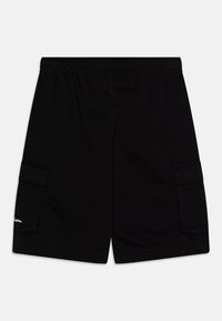 Black cargo shorts made from cotton, featuring an elastic waistband, two side pockets, and a subtle logo detail on the left leg.