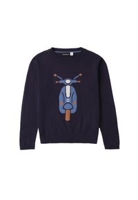 Marineblauer Pullover aus weichem Strickmaterial mit einem bestickten blauen Rollerdesign auf der Vorderseite. Gerippte Bündchen und Saum.