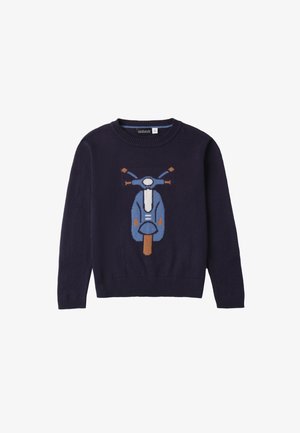 Maglione blu navy realizzato in morbido tessuto maglia, con un design ricamato di uno scooter blu sulla parte frontale. Polsini e orlo a costine.