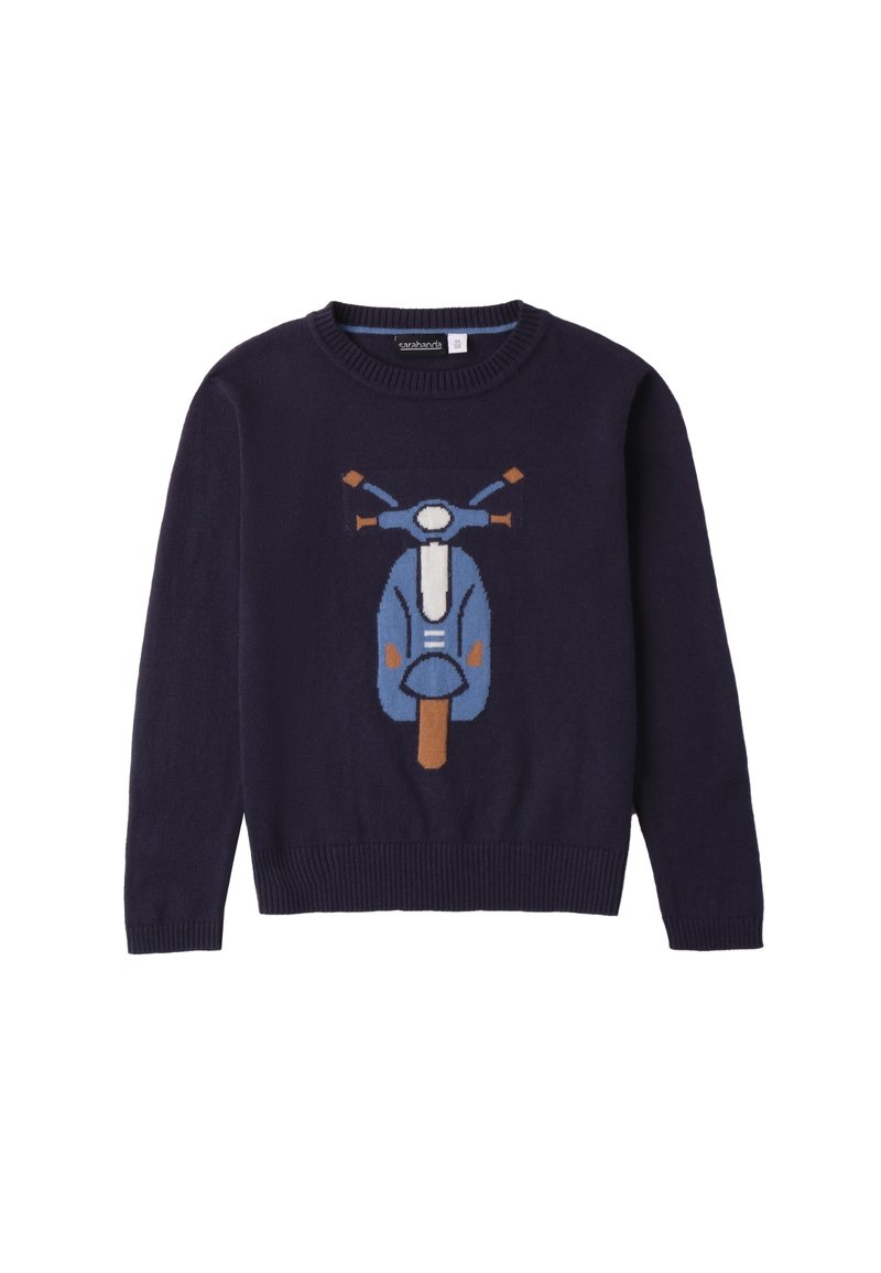 Marineblauer Pullover aus weichem Strickmaterial mit einem bestickten blauen Rollerdesign auf der Vorderseite. Gerippte Bündchen und Saum.