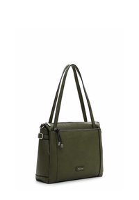 Groene faux leren tote bag met dubbele handvatten, rechthoekige vorm, ritsluiting en voorvak met ritsdetail.
