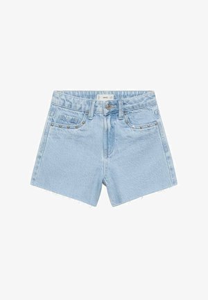 Svetlo modri jeans kratki hlače s raztrganim robom, okrašeni s srebrnimi kovančki ob sprednjih žepih in tradicionalnim gumbom za zapiranje.