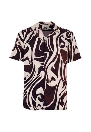 Camicia a maniche corte con bottoni, caratterizzata da motivi astratti a spirale in nero e marrone su sfondo beige, con colletto alla campagnola.