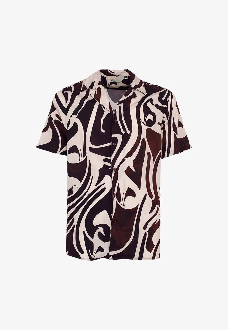 Korte mouwen overhemd met knopen en abstracte zwartbruine draaiende patronen op een beige achtergrond, voorzien van een campkraag.