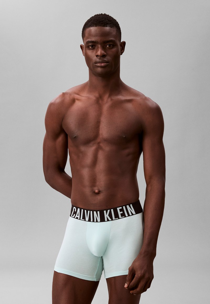 Hellblaue Baumwoll-Boxershorts mit einem schwarzen Calvin Klein-Logoband am Bund. Das Design ist figurbetont mit einer glatten Textur.