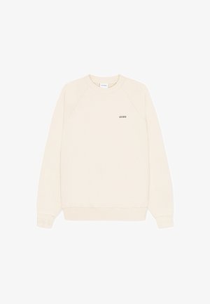 Sudadera de color crema con cuello redondo y manga larga, con pequeño logo negro "LES DEUX" en el pecho izquierdo y puños y dobladillo acanalados.