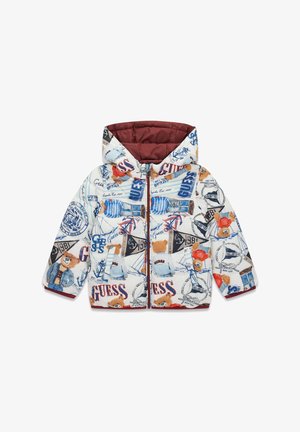 Odejana jakna z oblazinjenjem zvečer barvnim potiskom, ki vključuje grafike plišastih medvedkov, mornarske motive in različne tekstovne elemente. Vključena kapuca in zadrga.