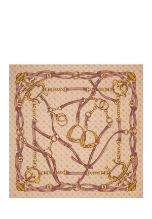 Beżowy szal z misternym wzorem brązowych skórzanych pasków, złotych łańcuchów oraz metalowych kół i klamerek inspirowanych jeździectwem.