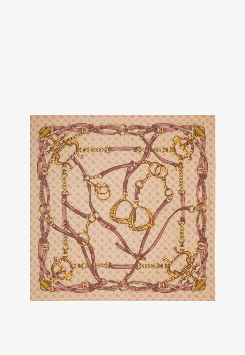 Écharpe beige avec un motif complexe de lanières en cuir marron, chaînes dorées, et anneaux et boucles métalliques d'inspiration équestre.