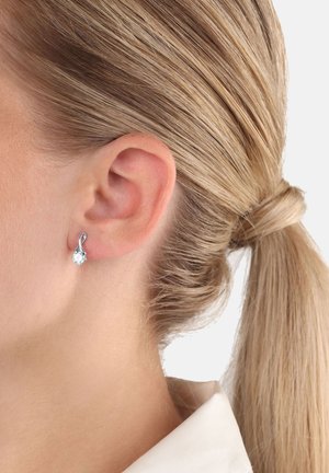 Orecchini d'argento con un design torciglione e una pietra ovale trasparente mostrati su uno sfondo sfocato; indossati all'orecchio di un modello.