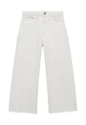 Hvide denim bukser med vidde ben i cropped model med knaplukning foran og bæltestropper, med forlommer.