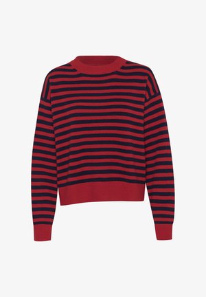 Red and navy striped sweater with a round neckline, ribbed cuffs, and hem. Features a relaxed fit and soft knit texture.