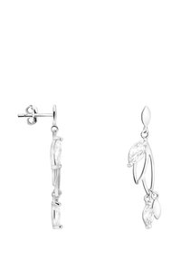 Silverörhängen med bladliknande mönster och marquise-slipade klara stenar, som visar en slät yta och en avlång form.