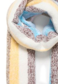 Sciarpa lavorata a maglia con ampie righe nei toni giallo, bianco, marrone e azzurro chiaro, caratterizzata da un tessuto morbido e testurizzato.