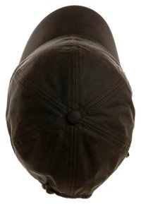 Căciulă neagră cu un vârf rotunjit și o vizieră scurtă, având cusături și un buton acoperit cu țesătură în vârf. Textura este netedă.