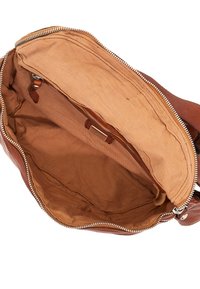 Borsa a tracolla in pelle marrone con chiusura con zip. L'interno presenta fodera in tessuto beige, una tasca e una texture liscia.