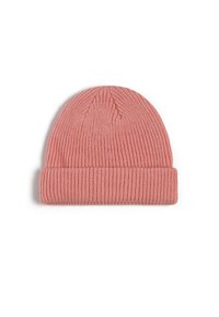 Rosa strikket beanie-hat med en foldet kant, prydet med ribbet tekstur og en rund top, designet til varme og komfort.