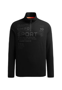 Schwarzer Pullover aus einem glatten Stoff, mit einem Halb-Reißverschluss-Kragen und bedruckten Grafiken in unterschiedlichen Grautönen.