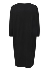 Abito nero in una vestibilità comoda, con scollatura rotonda, maniche a tre quarti e una silhouette dritta con un dettaglio di cucitura sul retro.