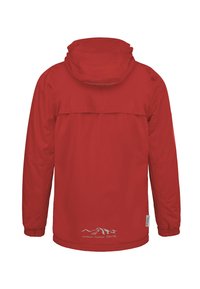 Rote Outdoorjacke mit Kapuze, aus wetterbeständigem Stoff. Mit elastischen Bündchen, einem Rückenschlitz und einem Berg-Logo nahe dem Saum.