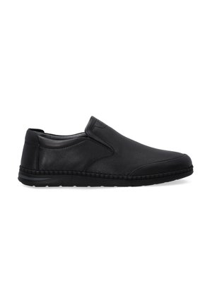 Czarne buty wsuwane z teksturowanej skóry o gładkim wykończeniu, z przeszywaną gumową podeszwą i boczną elastyczną wstawką ułatwiającą zakładanie.