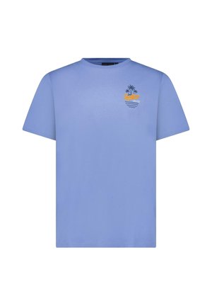 Lichtblauw T-shirt met korte mouwen, met klein ontwerp van een palm en golf en het woord "Surfing" in oranje op de linkerborst.