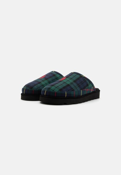 Groene en blauwe geruite pantoffels met een zwarte zool en verhoogde randen. Bevat rode accenten op het stoffe patroon. Zachte textuur.