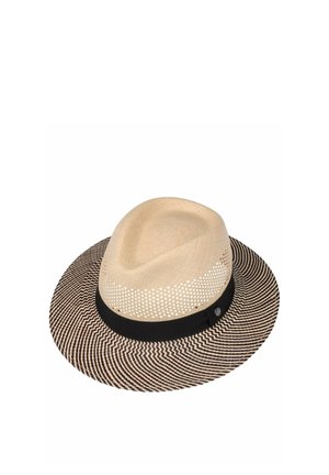 Light beige fedora hat with black and white zigzag wide brim, black band, and perforated ventilation holes around crown.