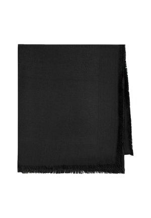 Bufanda negra con un diseño sólido, textura suave y bordes con flecos. Está hecha de un material ligero y tiene un acabado suave.