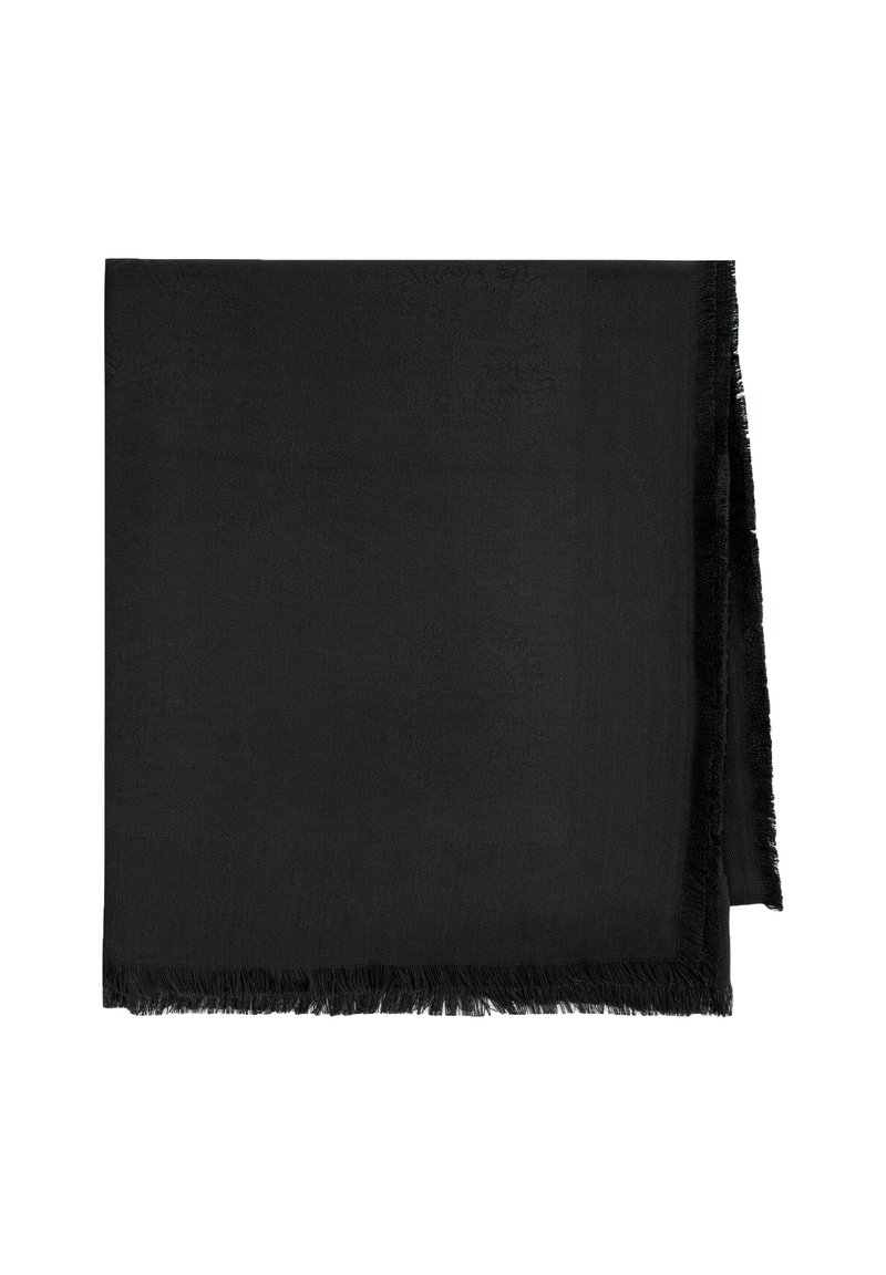 Bufanda negra con un diseño sólido, textura suave y bordes con flecos. Está hecha de un material ligero y tiene un acabado suave.