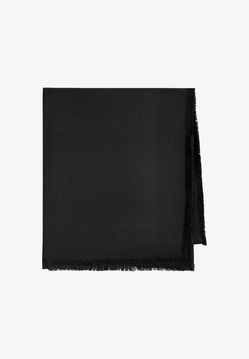 Bufanda negra con un diseño sólido, textura suave y bordes con flecos. Está hecha de un material ligero y tiene un acabado suave.