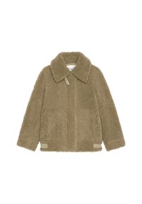 Tan fleecejacka med stor krage, strukturerad tyg, dragkedja fram och lätt material. Har två sidofickor och subtil märkning.