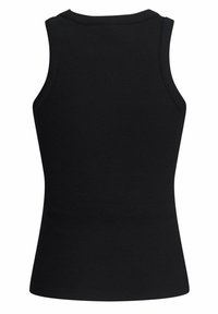 Fekete ujjatlan bordázott kötött trikó kerek nyakkal, testhez simuló fazonban, tiszta szegéllyel, hátulról bemutatva.