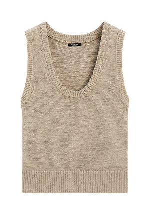 Beigefarbene, gestrickte ärmellose Weste mit rundem Ausschnitt und geripptem Saum, flach auf weißem Hintergrund. Keine sichtbaren Muster oder Knöpfe.