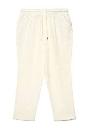 Ecru teksturowane spodnie ze sznurkiem, elastycznym pasem i bocznymi kieszeniami, o prostym kroju nogawek.