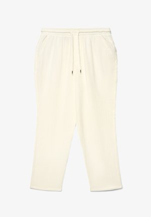 Ecru teksturowane spodnie ze sznurkiem, elastycznym pasem i bocznymi kieszeniami, o prostym kroju nogawek.